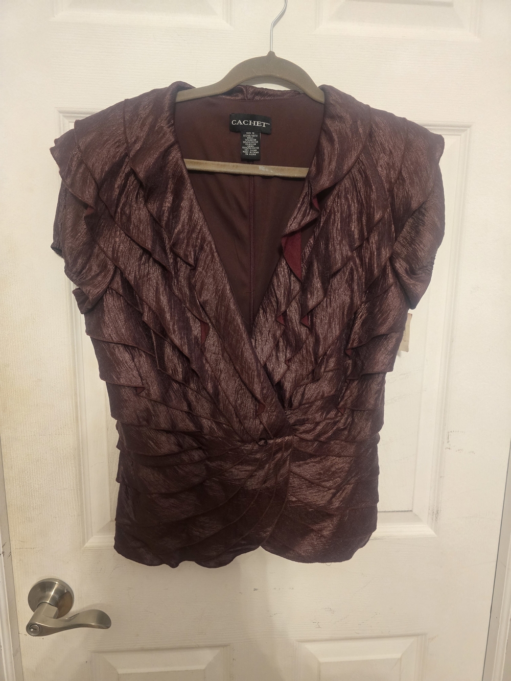 Cachet Metallic Plum Ruffle Front Blouse
